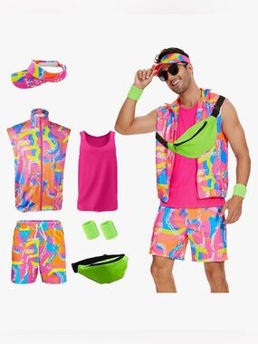 NWT 80S 90S Workout Costume Halloween for Adult Mens With Sun Hat Sz 2XL